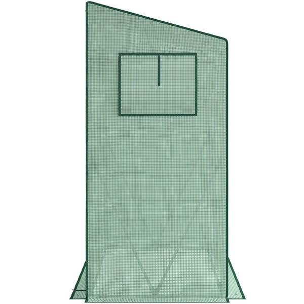 Gitterfolie für Gewächshäuser mit integriertem Fenster und schrägem Dach zur Belüftung und zum Schutz von Pflanzen.