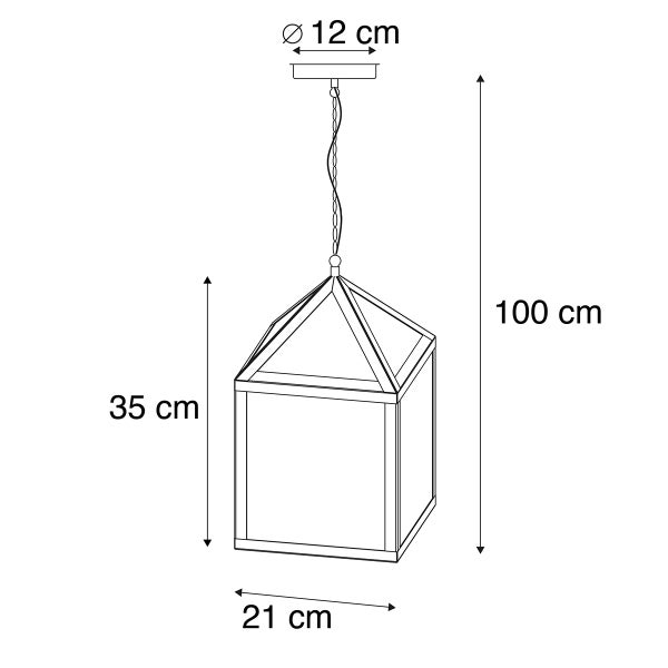 Maßzeichnung einer laternenförmigen Pendelleuchte, Gesamthöhe 100 Zentimeter, Schirmhöhe 35 Zentimeter, Breite 21 Zentimeter, Baldachin 12 Zentimeter.