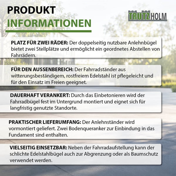 Produktinformationen zum Trutzholm Edelstahl-Fahrradbügel: Platz für zwei Fahrräder, wetterfest, zum Einbetonieren und vielseitig einsetzbar.