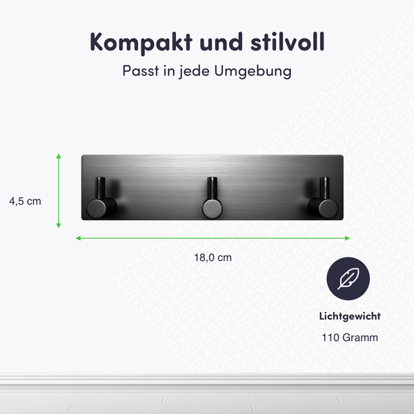 Hakenleiste mit 3 Haken aus gebürstetem Metall, Breite 18 Zentimeter, Höhe 4,5 Zentimeter, Gewicht 110 Gramm, leichtgewichtig.