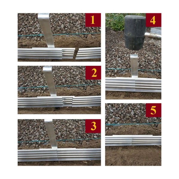 5-Schritte-Anleitung zur Montage einer gewellten Rasenkante aus Metall mit Gummihammer und Verbindungselementen.