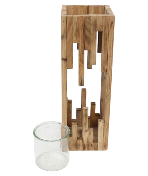 Dekorativer Windlichthalter aus Holz mit einem Glaseinsatz im modernen Design