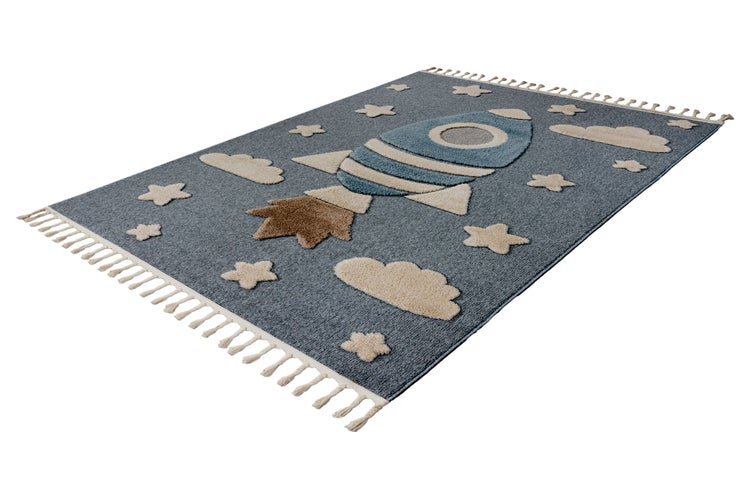 Kinderteppich mit Raketenmotiv Sterne und Wolken sowie Fransen an den kurzen Seiten