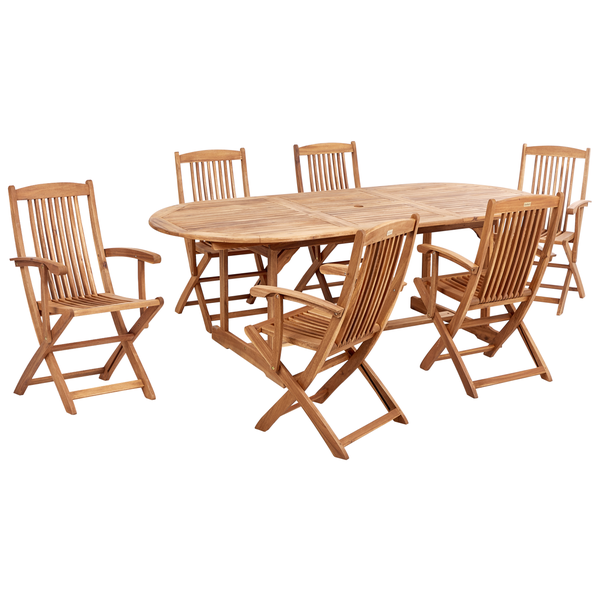 Gartenmöbel-Set aus Holz bestehend aus einem ausziehbaren ovalen Tisch und sechs klappbaren Gartenstühlen mit Armlehnen.