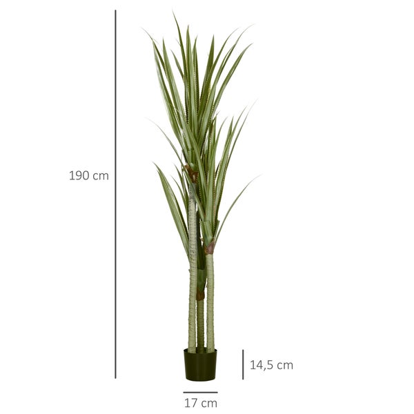 Künstliche Yucca-Palme im schwarzen Topf mit Maßangaben: Gesamthöhe 190 Zentimeter, Topfbreite 17 Zentimeter und Topfhöhe 14,5 Zentimeter.