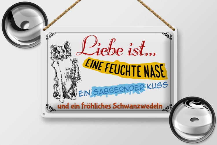 Blechschild Spruch 30x20cm Liebe ist eine feuchte Nase Kuss