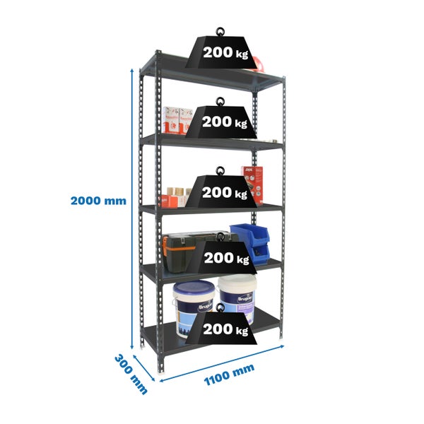 Schwerlastregal BIG METAL SHARK | HxBxT 200x110x30cm | Fachlast 200kg | Anthrazit-Anthrazit