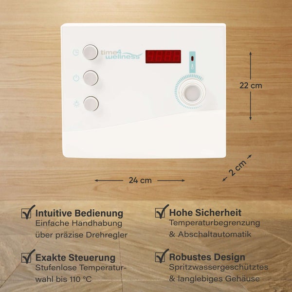 Time4Wellness Sauna Steuergerät mit digitalem Display und Drehregler, Maße 24 mal 22 mal 2 Zentimeter, zur präzisen Temperatursteuerung.