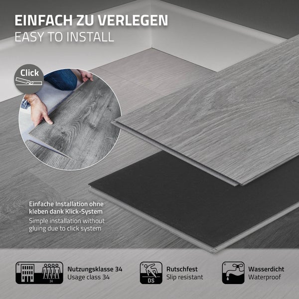 ML-Design Deluxe PVC Bodenbelag, Click Vinyl-Dielen, Vinylboden, 122 cm x 18 cm x 4,2 mm, Dicke 4,2mm, 7,7m²/35 Dielen, Windswell Hickory Eiche Holzoptik, Grau, modern, wasserfest, Belastungsklasse 34