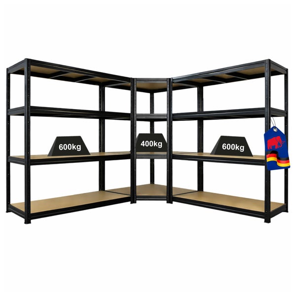 Schwarzes Eckregal aus Metall mit Holzböden, Traglast 600 Kilogramm und 400 Kilogramm pro Boden, Schulte Lagertechnik Logo.