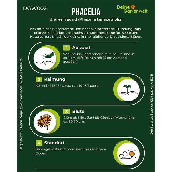 Infografik zur Phacelia Bienenfreund mit Informationen zu Aussaat, Keimung, Blütezeit und Standort.