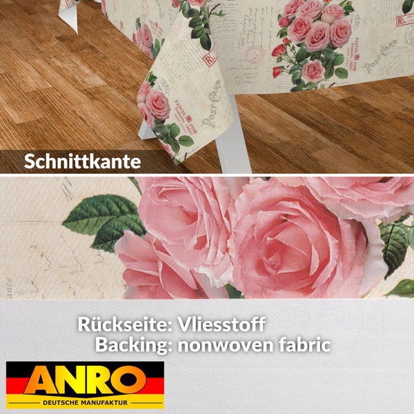 Wachstuchtischdecke mit Rosen- und Postkartenmotiv, Schnittkante, Rückseite aus Vliesstoff, ANRO Deutsche Manufaktur Logo.