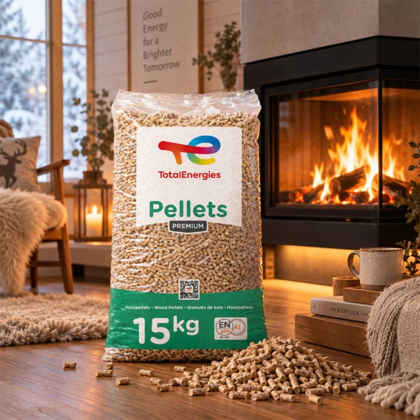 TotalEnergies Premium Holzpellets Sack mit 15 Kilogramm Gewicht vor einem Kamin in einem Wohnzimmer.