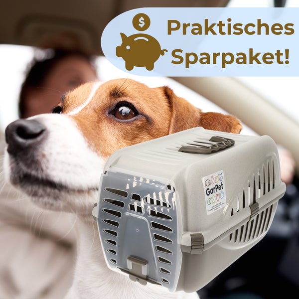Hund mit Transportbox im Auto mit dem Hinweis: Praktisches Sparpaket!