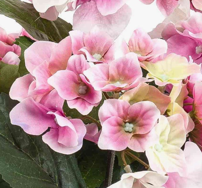 Künstliche Hortensie mit rosa und weißen Blütenköpfen sowie grünen Blättern.