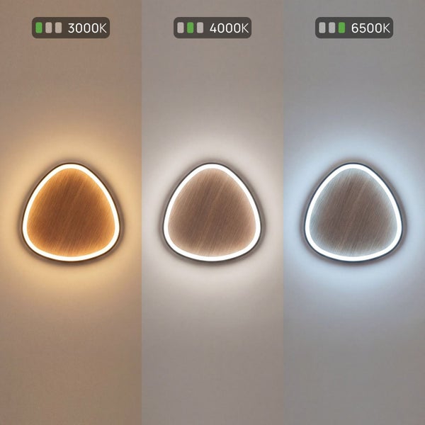 Dreieckige LED-Wandleuchte mit drei Farbtemperaturen: 3000 Kelvin warmweiß, 4000 Kelvin neutralweiß und 6500 Kelvin tageslichtweiß.