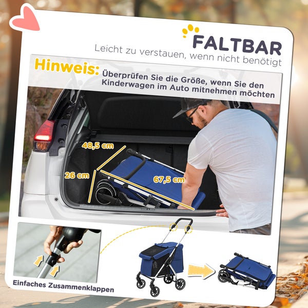 PawHut Hundewagen leicht Hundebuggy aus Aluminium klappbar für Hunde & Katzen bis 10 kg Katzenbuggy mit Kissen Netzfenstern Türen Aufbewahrungskorb Katzenwagen Buggy Dunkelblau