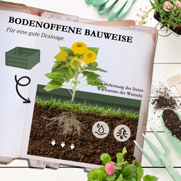 Outsunny Hochbeet mit Rankhilfe, Blumenkasten mit Offenem Boden, Gemüsebeet, Pflanzkasten, Kräuterbeet für Garten, Balkon, Verzinkter Stahl, Grün, 61 x 61 x 140 cm
