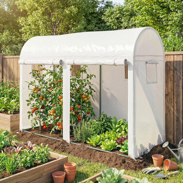 Folientunnel Tomatenhaus mit Gitterfolie für den Garten mit Tomatenpflanzen und Kräutern