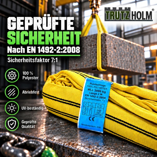 Trutzholm Rundschlinge aus Polyester mit 3000 Kilogramm Tragfähigkeit und 2 Meter Länge für sicheres Heben im Industrieeinsatz
