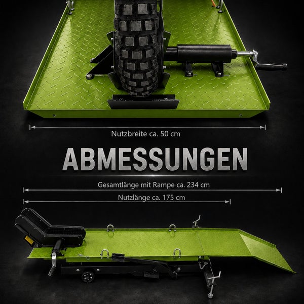 Motorradhebebühne Maße: Gesamtlänge circa 234 Zentimeter, Nutzlänge circa 175 Zentimeter, Nutzbreite circa 50 Zentimeter.