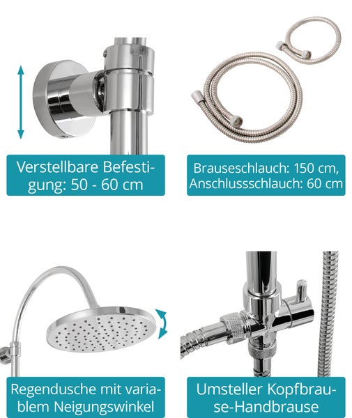Calmwaters® Duschsystem Chrom, mit Regendusche & Handbrause, 3-strahlige Handbrause, wassersparend, Anti-Kalk, höhenverstellbar, Kleben oder Bohren, 20DP6157