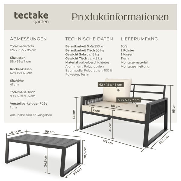 Gartenlounge-Set tectake Captive höhenverstellbare Füße im Rope-Design, mit Aluminiumgestell anthrazit