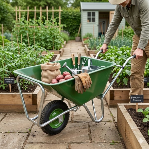 Gartenlandschaft mit Schubkarre, Kartoffeln, Gartengeräten und einem Gärtner