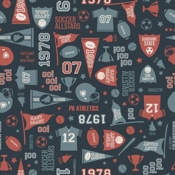 Nahtloses Muster mit Sportmotiven wie Bällen, Trophäen und Flaggen