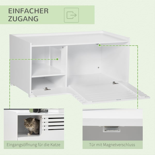 PawHut Katzenschrank für Katzentoilette Katzenklo Katzenhaus mit Magnettür Katzenkommode Katzenhöhle Beistelltisch Aufbewahrungsschrank erhöhtes Design Weiß 90 x 48 x 42,5 cm