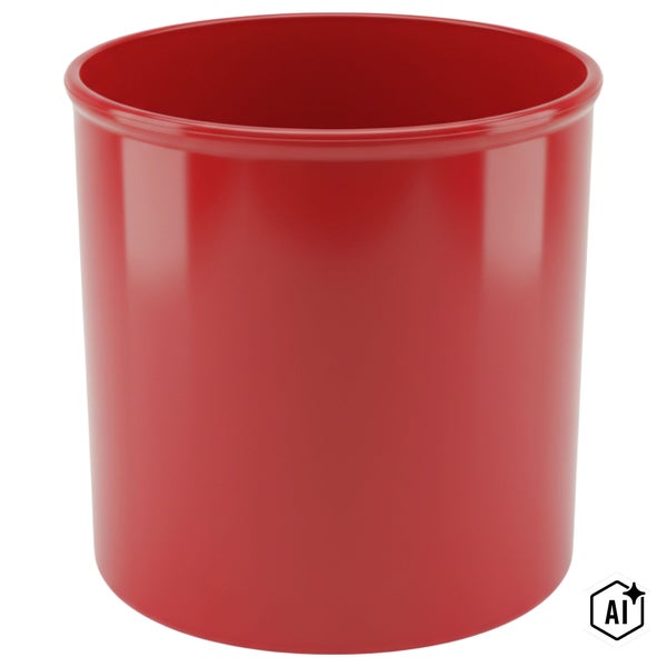 Zylindrischer Zahnputzbecher aus rotem Kunststoff mit glänzender Oberfläche.