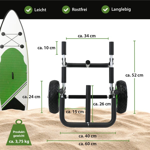 Transportwagen für Stand Up Paddle Boards mit Maßangaben und Produktvorteilen wie leicht, rostfrei und langlebig auf sandigem Untergrund.