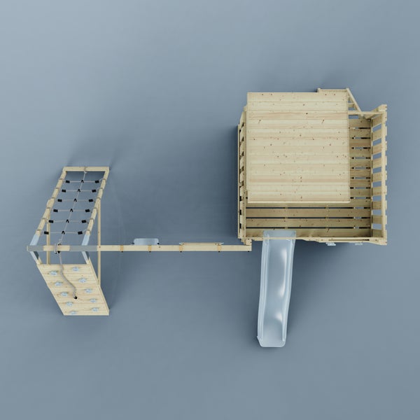 Spielturm aus Holz mit Spielhaus, Rutsche, Kletterwand, Schaukel, Trapez mit Ringen und Kletternetz für Kinder.