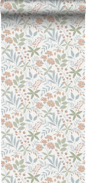 Borastapeter Tapete Blumen Weiß, Grün und Blau - 53 cm x 11.2 m - 660147