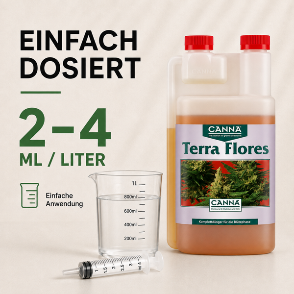Canna Terra Flores Blumenduenger fuer die Bluetephase mit Messbecher und Dosierspritze fuer einfache Anwendung