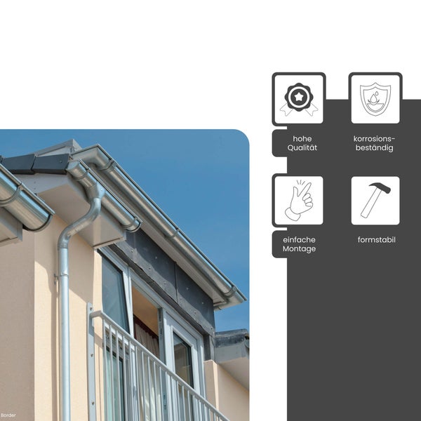 Dachrinnen-System am Haus mit Symbolen für hohe Qualität, Korrosionsbeständigkeit, einfache Montage und Formstabilität