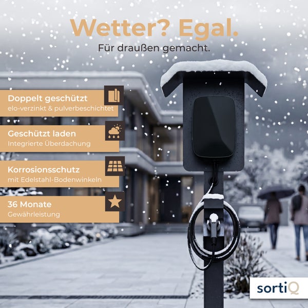 sortiQ Wallbox Ladestation mit Überdachung für den Außenbereich, wetterfest mit Korrosionsschutz und 36 Monaten Gewährleistung. sortiQ Logo.