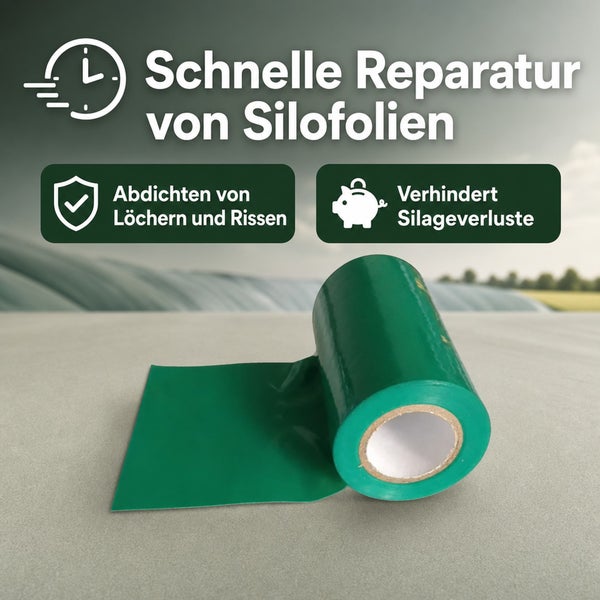 Eine Rolle Silofolien-Reparaturband zur schnellen Abdichtung von Löchern und Rissen zur Vermeidung von Silageverlusten.