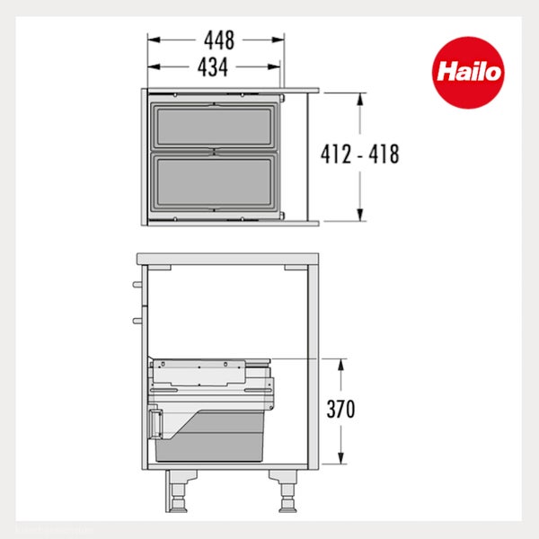 Technische Zeichnung mit Maßen für ein Hailo Abfallsystem in einem Unterschrank. Hailo Logo.