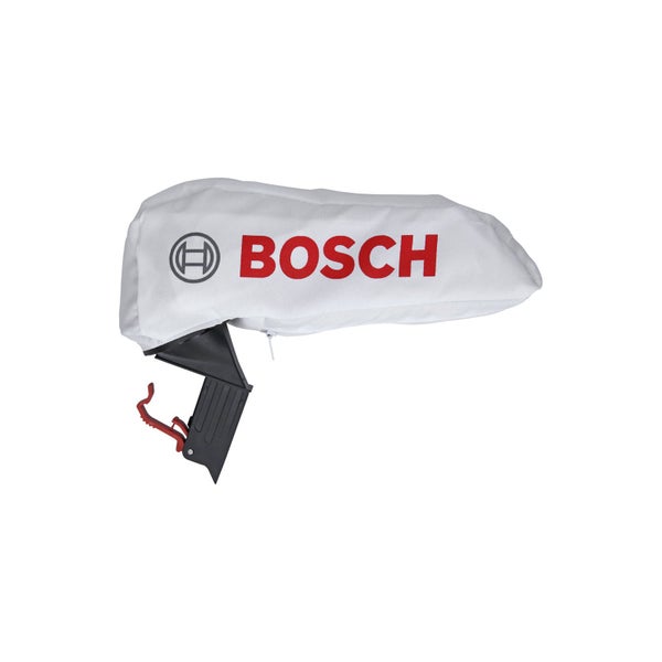Bosch Staubbeutel aus weißem Stoff mit schwarzem Kunststoffanschluss und Reißverschluss.