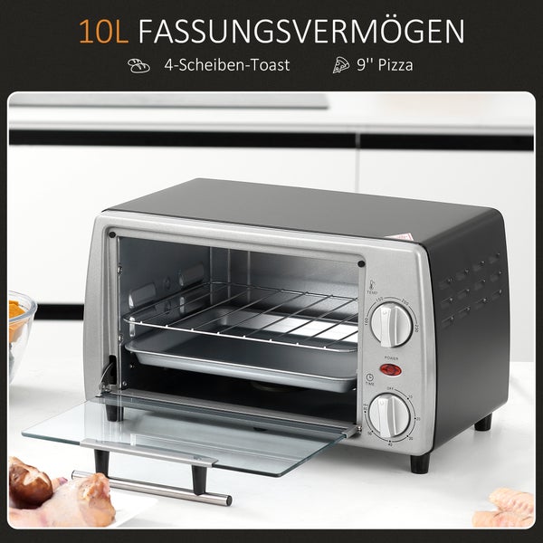 Mini-Backofen mit zwei flexiblen Regalpositionen, ausgestattet mit einem Grillrost und einer Backform bei geöffneter Glastür.