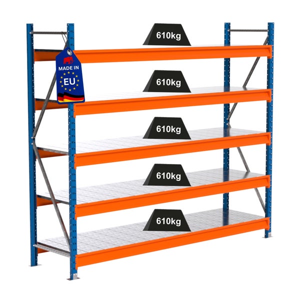 Lagerregal mit fünf Ebenen und einer Traglast von 610 Kilogramm pro Ebene, Hergestellt in der Europäischen Union