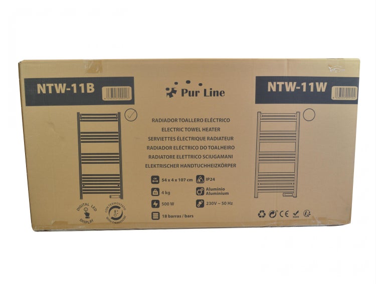 Verpackung eines Pur Line Elektro-Handtuchheizkörpers mit technischen Daten und Modellnummern NTW-11B und NTW-11W