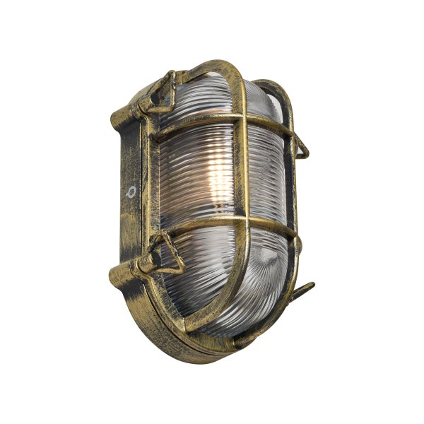 Ovale Außenwandleuchte mit Metallkäfig in Antik-Gold-Optik und geripptem Glas.