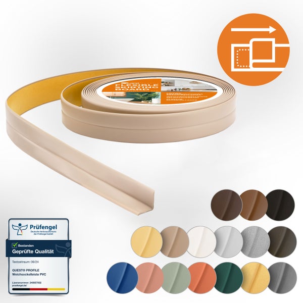 Rolle mit selbstklebender Weichsockelleiste aus Kunststoff mit Montageanleitung und Prüfsiegel für geprüfte Qualität und verschiedene Farboptionen.