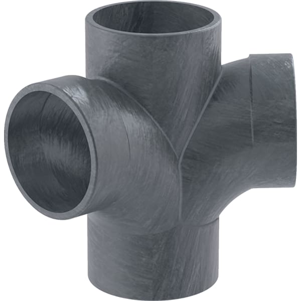 Graues Abwasserrohr-Kreuzstück aus Kunststoff für Hausabflusssysteme.