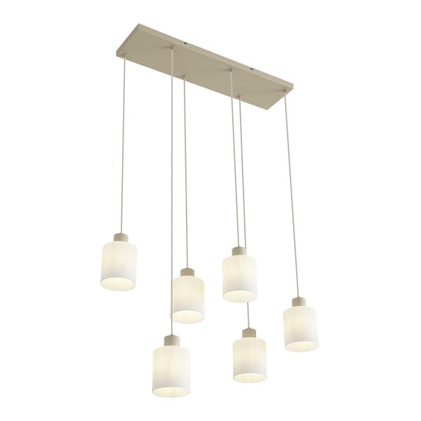 Sechsflammige Pendelleuchte mit rechteckigem Baldachin und gerippten, zylindrischen Schirmen aus weißem Glas.