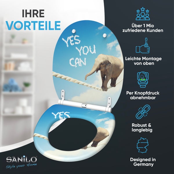 Toilettensitz mit Elefant-Motiv, einfache Montage von oben, abnehmbar per Knopfdruck, robust, langlebig, entworfen in Deutschland, SANILO Logo.