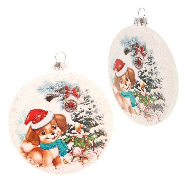 Taler aus Glas 9cm, unversilbert, bedruckt und dekoriert mit Baby-Hund mit Weihnachtsmütze, mundgeblasen und handdekoriert, 1 Stck., Weihnachtsbaumkugeln, Christbaumschmuck, Weihnachtsbaumanhänger