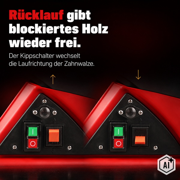 Detailansicht der Schalter an einem Gartenhäcksler mit Rücklauffunktion zum Lösen von Holzblockaden durch Änderung der Laufrichtung.